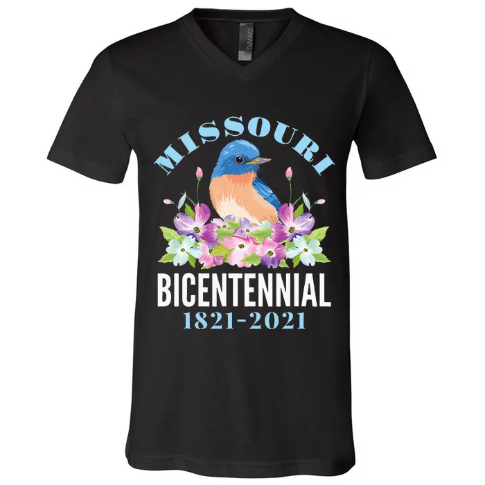 Missouri Bicentennial 200 Anniversary Bluebird Dogwood V-Neck T-Shirt