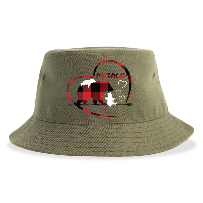 Mama Bear 2 Cubs Red Buffalo Plaid Heart Mother Mom Funny Gift Funny Gift Sustainable Bucket Hat