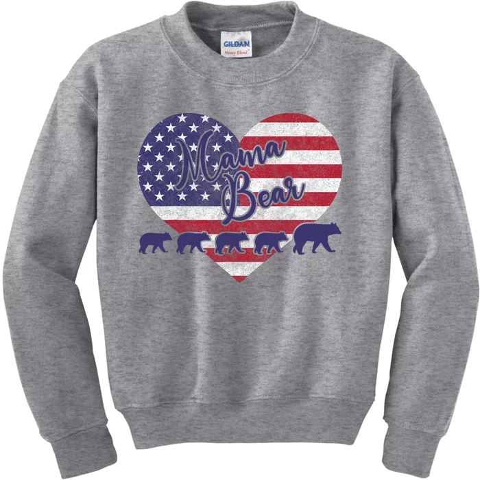 Mama Bear 4th Of July 4 Cubs Usa Flag Heart Kids Sweatshirt