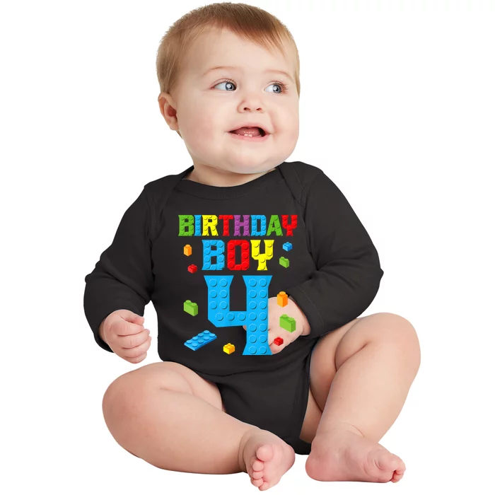 Master Builder 4th Birthday Boy 4 Four Year Building Bricks Baby Long Sleeve Bodysuit