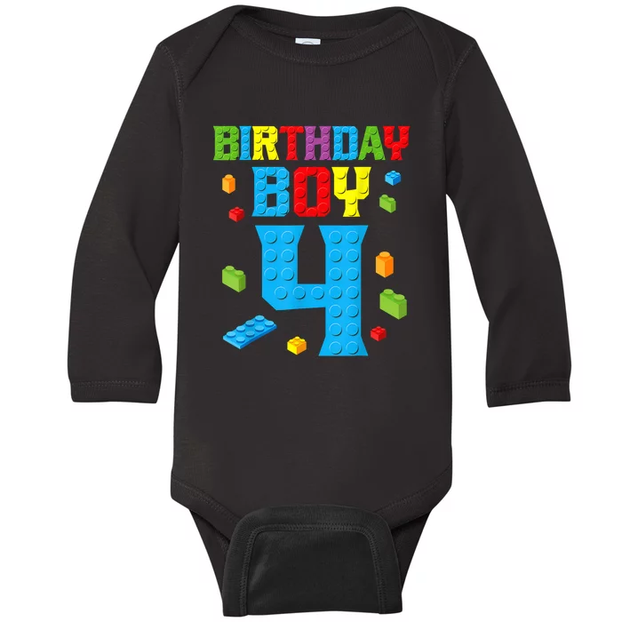 Master Builder 4th Birthday Boy 4 Four Year Building Bricks Baby Long Sleeve Bodysuit