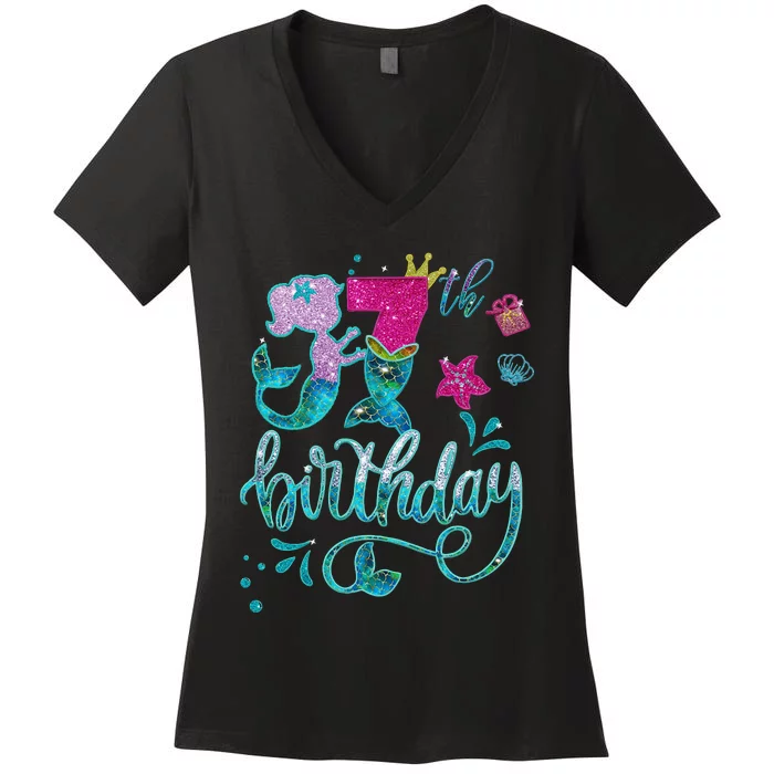 Mermaid Birthday 7 Years Old 7th Bday  Embroidered Women's V-Neck T-Shirt