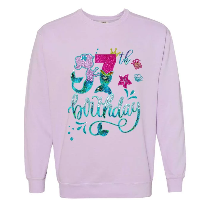 Mermaid Birthday 7 Years Old 7th Bday  Embroidered Garment-Dyed Sweatshirt