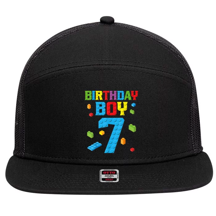 Master Builder 7th Birthday Boy 7 Seven Year Building Bricks Funny Gift 7 Panel Mesh Trucker Snapback Hat