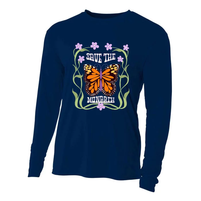 Monarch Butterfly 70s Art Nouveau Design Save The Monarch Cooling Performance Long Sleeve Crew