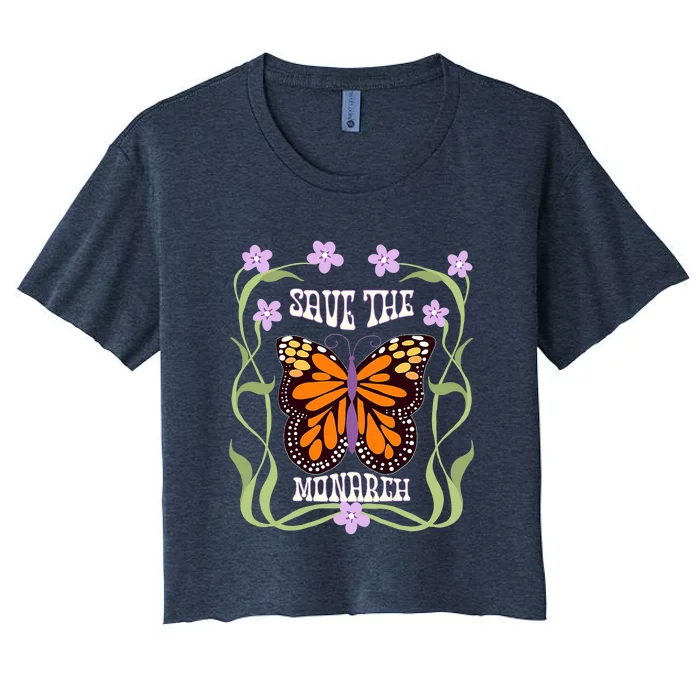 Monarch Butterfly 70s Art Nouveau Design Save The Monarch Women's Crop Top Tee