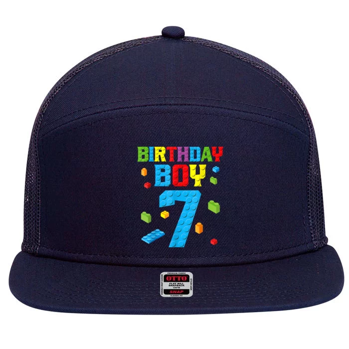 Master Builder 7th Birthday Boy 7 Seven Year Building Bricks 7 Panel Mesh Trucker Snapback Hat