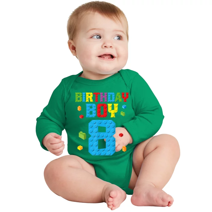 Master Builder 8th Birthday Boy 8 Eight Year Building Bricks Baby Long Sleeve Bodysuit