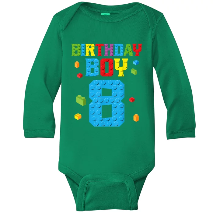 Master Builder 8th Birthday Boy 8 Eight Year Building Bricks Baby Long Sleeve Bodysuit