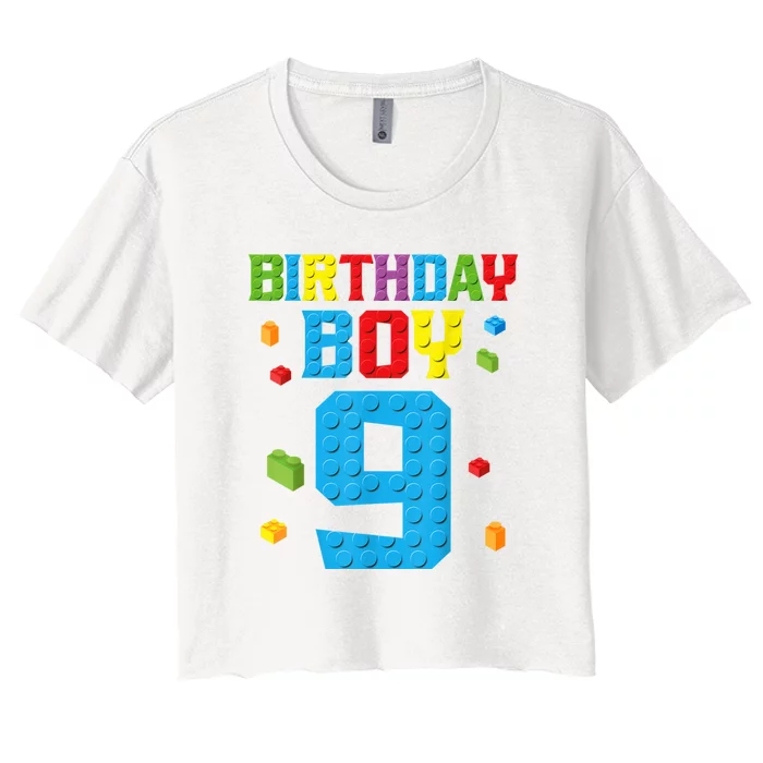 Master Builder 9th Birthday Boy Nine 9 Year Building Bricks Women's Crop Top Tee