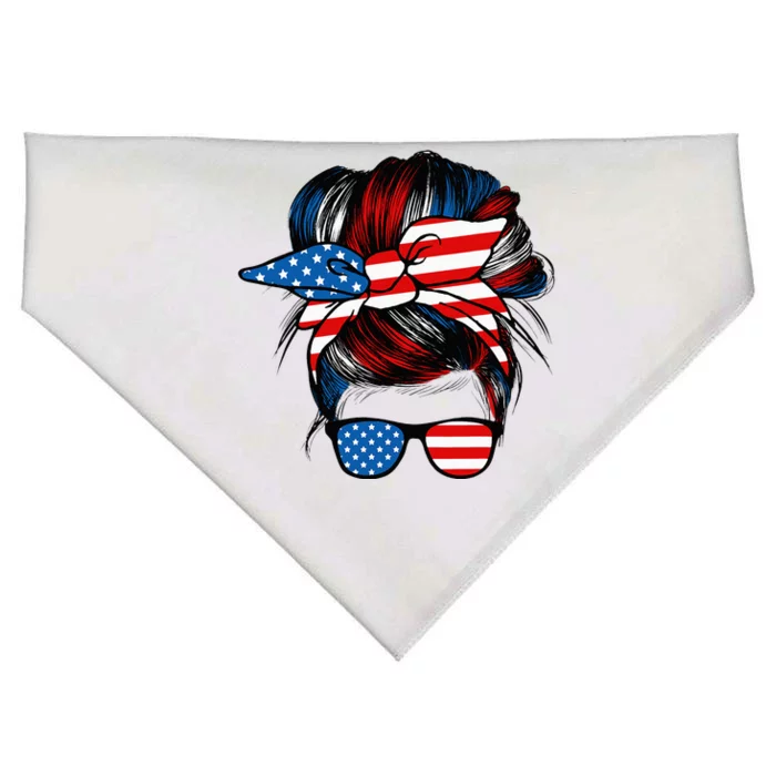 Messy Bun American Flag Glasses 4th Of July Patriotic Mom USA-Made Doggie Bandana