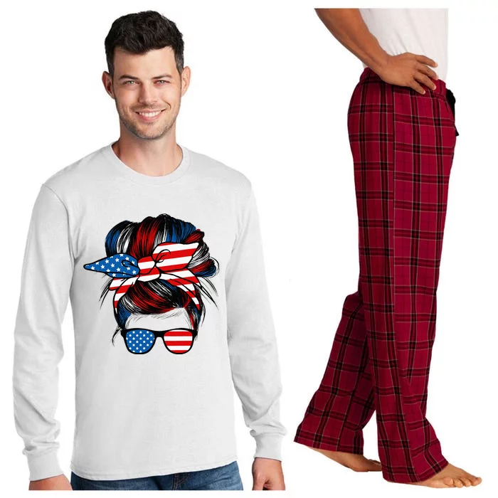 Messy Bun American Flag Glasses 4th Of July Patriotic Mom Long Sleeve Pajama Set