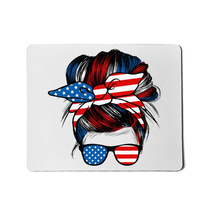 Messy Bun American Flag Glasses 4th Of July Patriotic Mom Mousepad