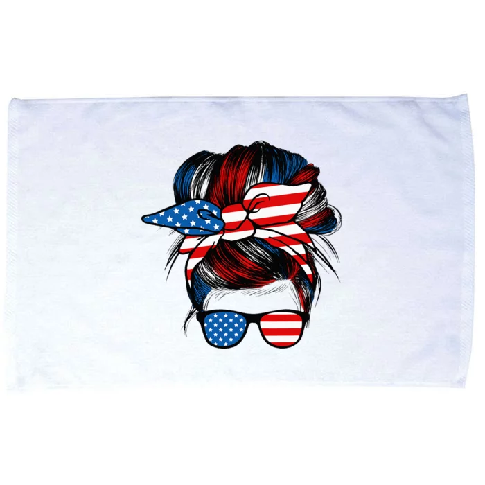 Messy Bun American Flag Glasses 4th Of July Patriotic Mom Microfiber Hand Towel