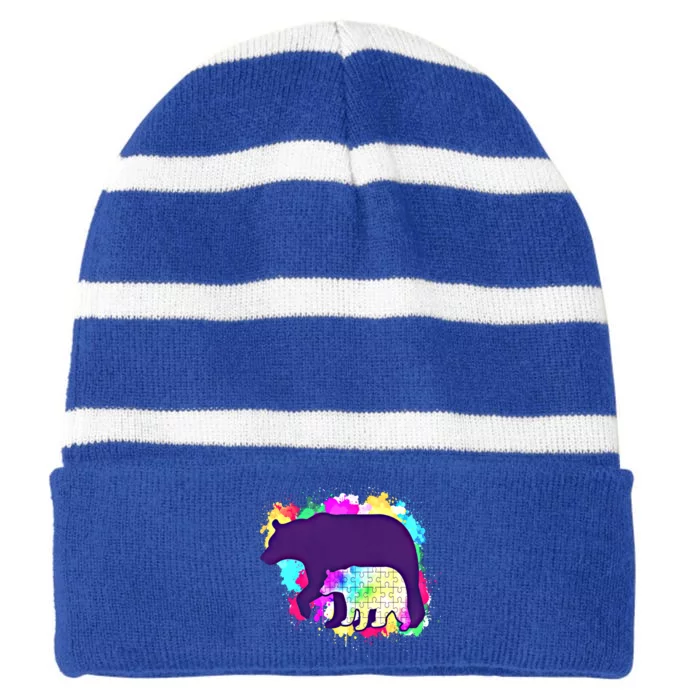 Mama Bear Autism Theme Decor Funny Gift Striped Beanie with Solid Band