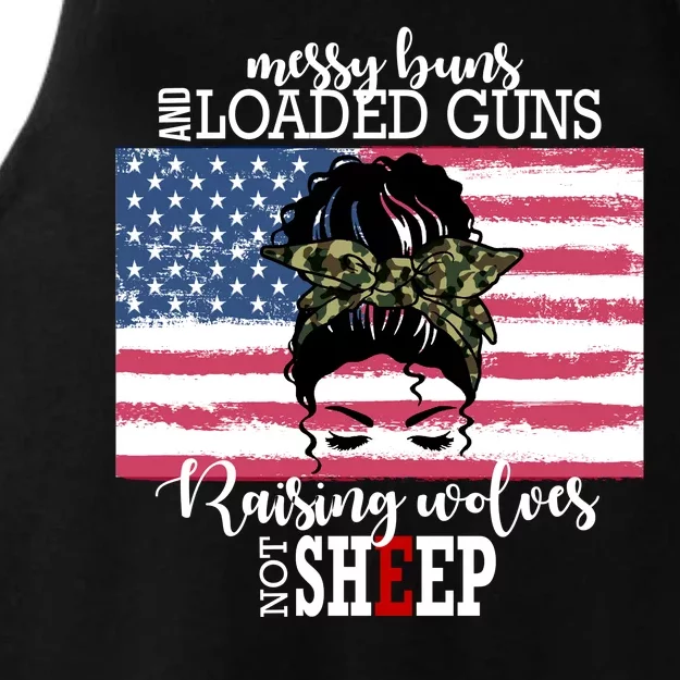 Messy Buns And Loaded Guns Raising Wolves Not Sheep Ladies Tri-Blend Wicking Tank