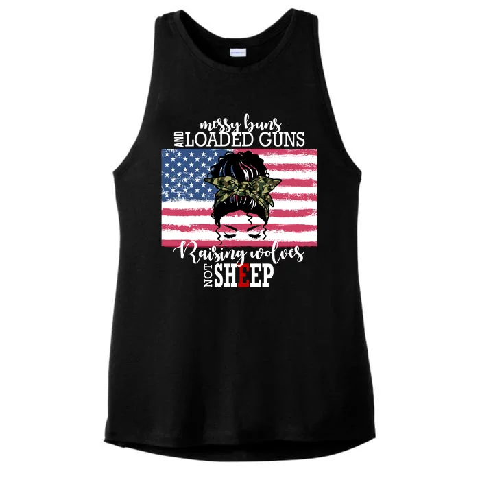 Messy Buns And Loaded Guns Raising Wolves Not Sheep Ladies Tri-Blend Wicking Tank