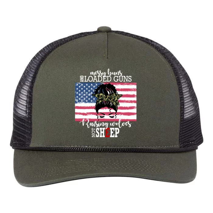 Messy Buns And Loaded Guns Raising Wolves Not Sheep Retro Rope Trucker Hat Cap