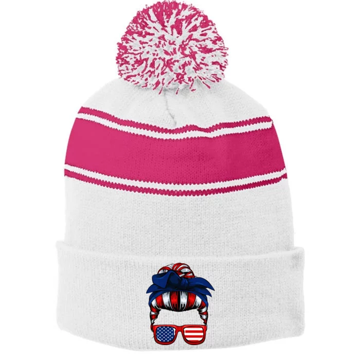 Messy Bun American Flag 4th Of July Patriotic Mom Stripe Pom Pom Beanie