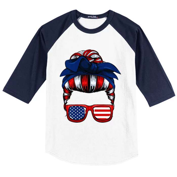 Messy Bun American Flag 4th Of July Patriotic Mom Baseball Sleeve Shirt