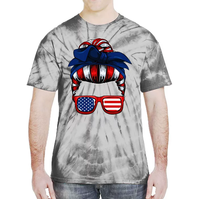 Messy Bun American Flag 4th Of July Patriotic Mom Tie-Dye T-Shirt