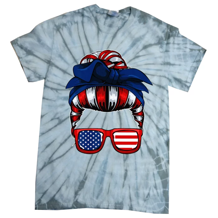 Messy Bun American Flag 4th Of July Patriotic Mom Tie-Dye T-Shirt