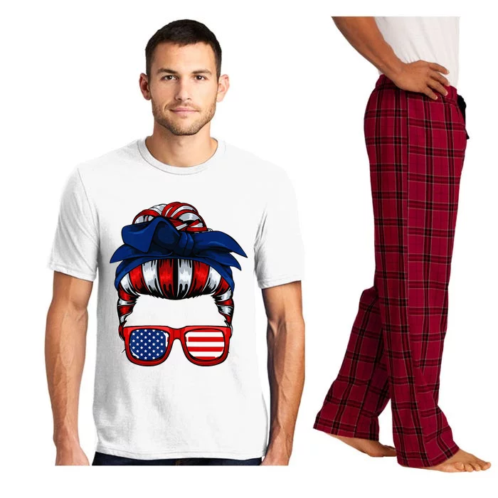 Messy Bun American Flag 4th Of July Patriotic Mom Pajama Set