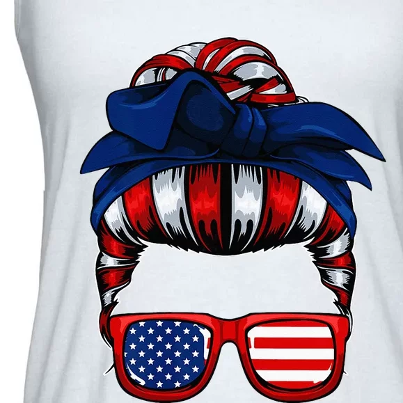 Messy Bun American Flag 4th Of July Patriotic Mom Ladies Essential Flowy Tank