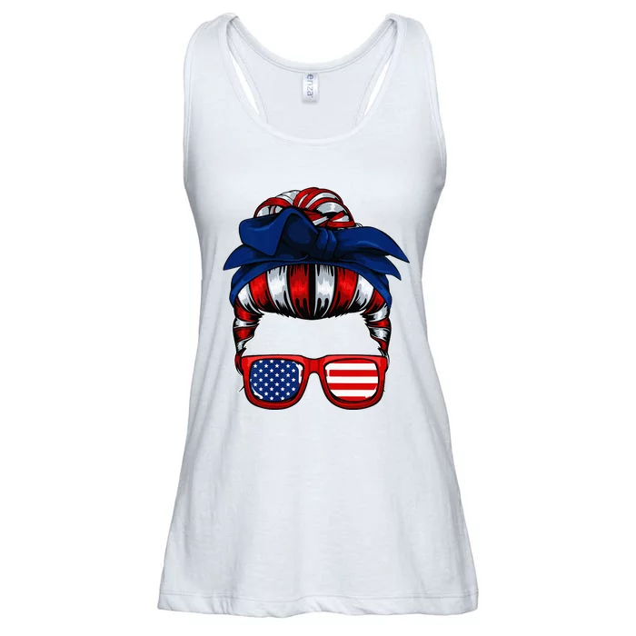 Messy Bun American Flag 4th Of July Patriotic Mom Ladies Essential Flowy Tank