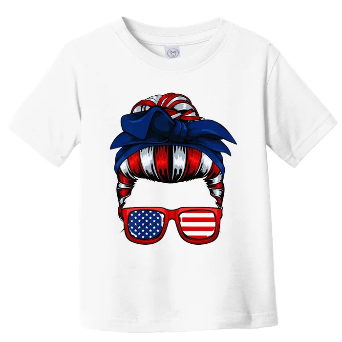 Messy Bun American Flag 4th Of July Patriotic Mom Toddler T-Shirt