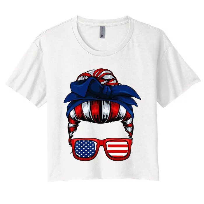 Messy Bun American Flag 4th Of July Patriotic Mom Women's Crop Top Tee