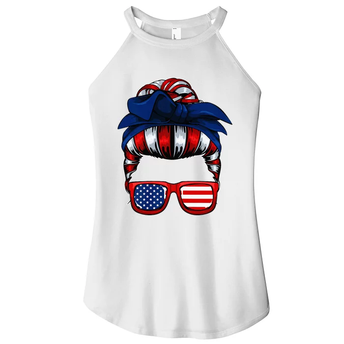 Messy Bun American Flag 4th Of July Patriotic Mom Women’s Perfect Tri Rocker Tank