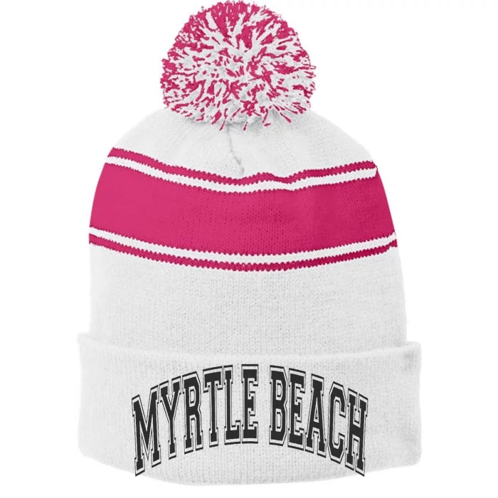 Myrtle Beach Arched Style Text Black With Black Print Stripe Pom Pom Beanie