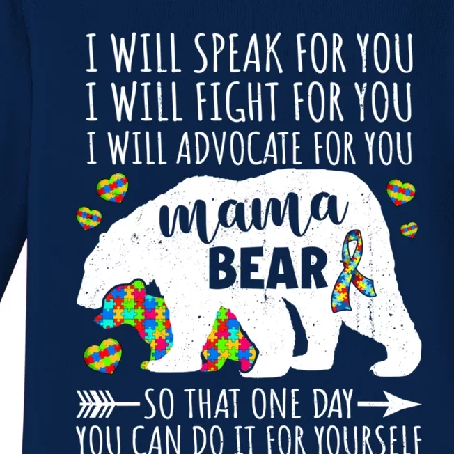 Mama Bear Autism I Will Speak Fight Advocate For You Gift Baby Long Sleeve Bodysuit