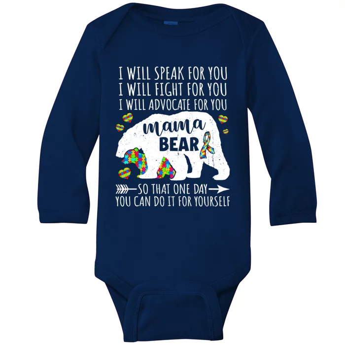 Mama Bear Autism I Will Speak Fight Advocate For You Gift Baby Long Sleeve Bodysuit