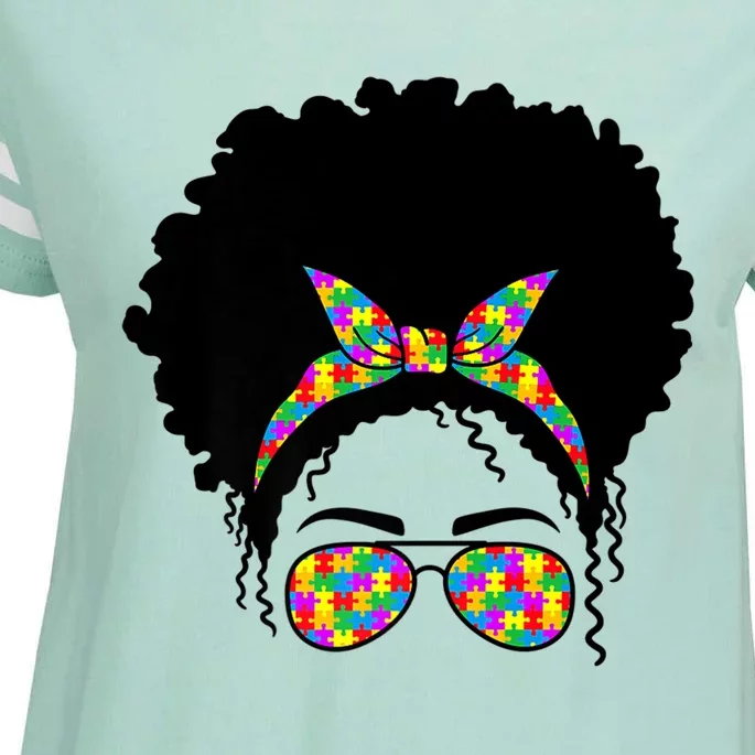 Messy Bun African American Hair Teacher Autism Awareness Fun Cool Gift Enza Ladies Jersey Football T-Shirt