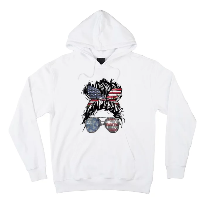 Messy Bun American Flag Glasses 4th Of July Patriotic Hoodie