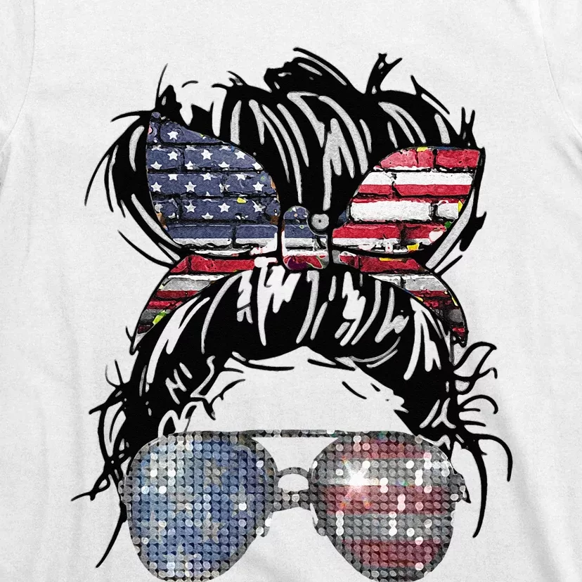 Messy Bun American Flag Glasses 4th Of July Patriotic T-Shirt