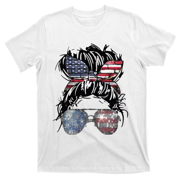 Messy Bun American Flag Glasses 4th Of July Patriotic T-Shirt