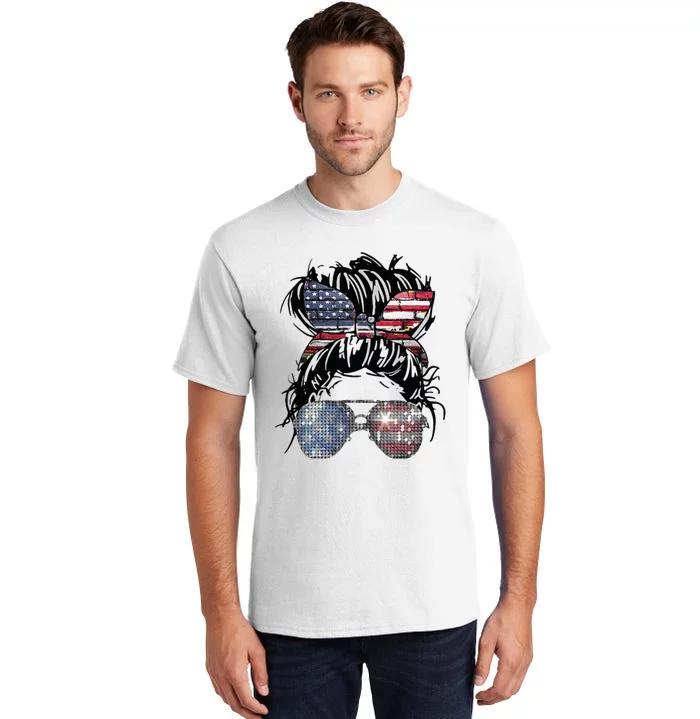 Messy Bun American Flag Glasses 4th Of July Patriotic Tall T-Shirt