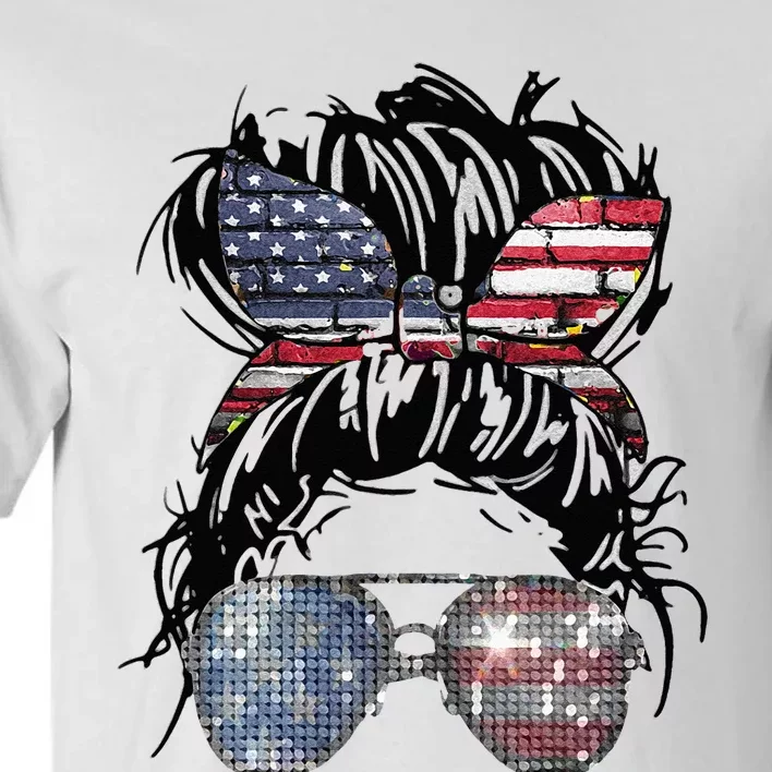 Messy Bun American Flag Glasses 4th Of July Patriotic Tall T-Shirt