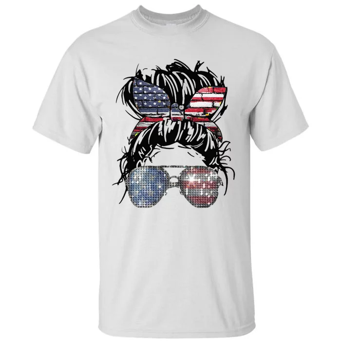 Messy Bun American Flag Glasses 4th Of July Patriotic Tall T-Shirt