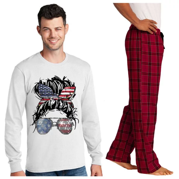 Messy Bun American Flag Glasses 4th Of July Patriotic Long Sleeve Pajama Set