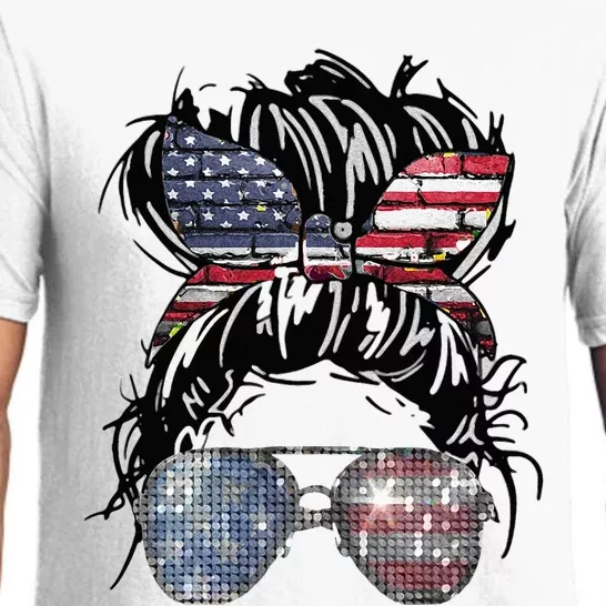 Messy Bun American Flag Glasses 4th Of July Patriotic Pajama Set