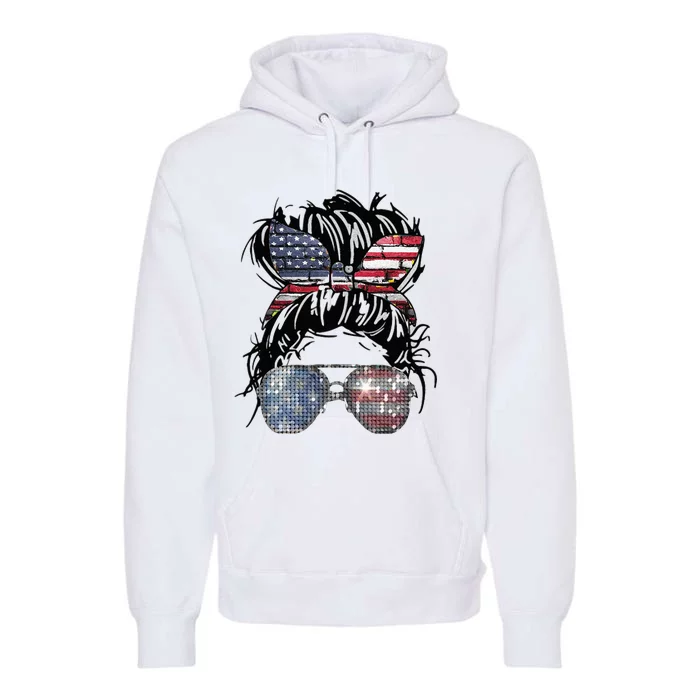 Messy Bun American Flag Glasses 4th Of July Patriotic Premium Hoodie