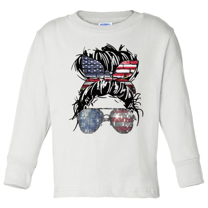 Messy Bun American Flag Glasses 4th Of July Patriotic Toddler Long Sleeve Shirt