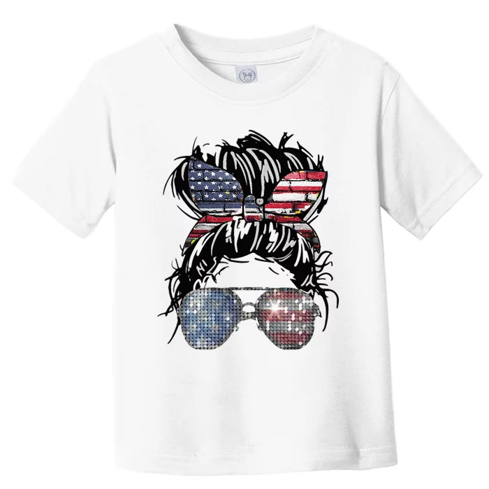 Messy Bun American Flag Glasses 4th Of July Patriotic Toddler T-Shirt