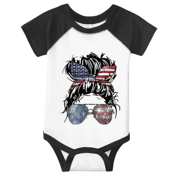 Messy Bun American Flag Glasses 4th Of July Patriotic Infant Baby Jersey Bodysuit