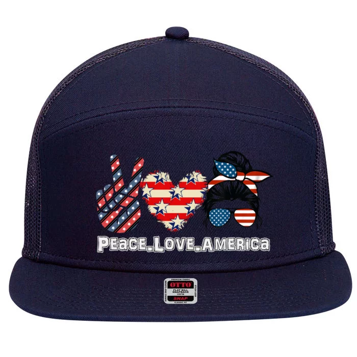 Messy Bun America Flag Peace Love America 4th Of July Funny Gift 7 Panel Mesh Trucker Snapback Hat