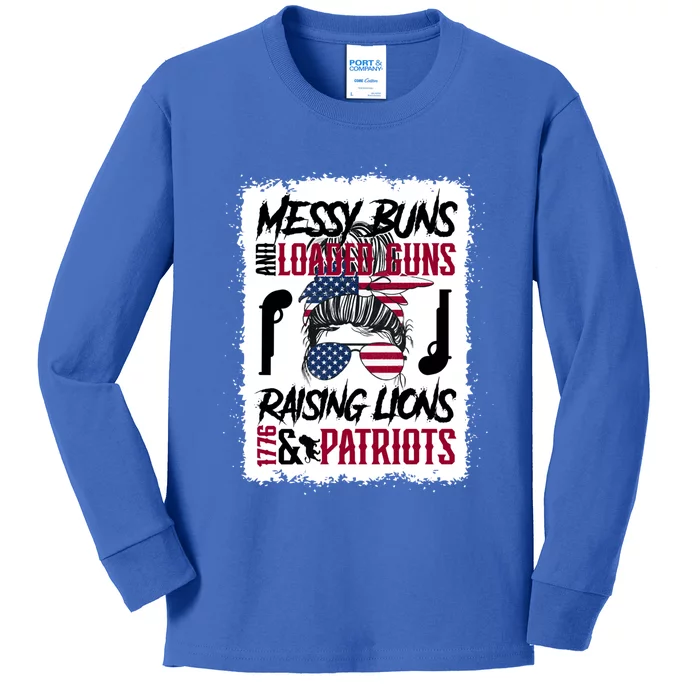 Messy Buns And Loaded Guns Raising Lions And Patriots Mom Great Gift Kids Long Sleeve Shirt